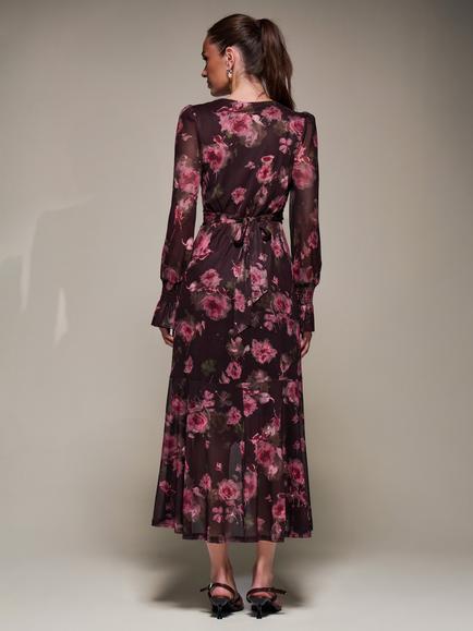 Jolie Moi Frill Mesh Long Sleeve Ruffle Dress, Burgundy Floral - view 2, Burgundy Floral