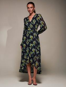 Jolie Moi Frill Mesh Long Sleeve Ruffle Dress, Yellow Floral, Yellow Floral