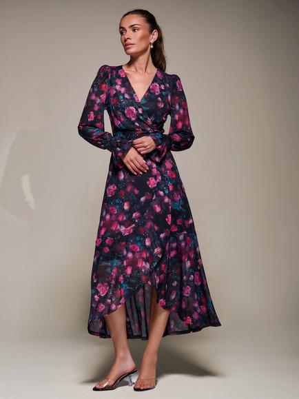 Jolie Moi Floral Frill Mesh Ruffle Dress, Pink Floral, Pink Floral