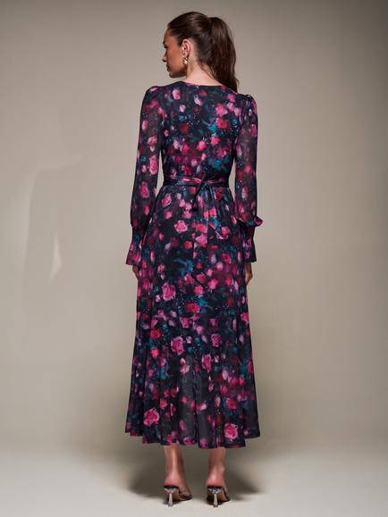 Jolie Moi Floral Frill Mesh Ruffle Dress, Pink Floral - view 2, Pink Floral