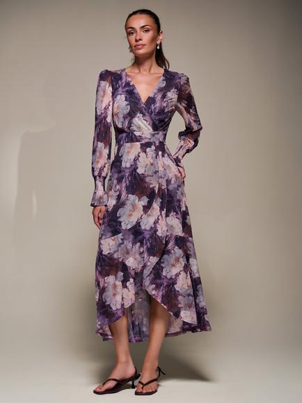 Jolie Moi Frill Mesh Long Sleeve Ruffle Dress, Purple Floral