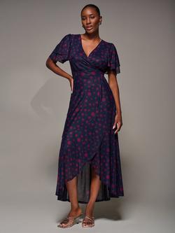Jolie Moi Mesh Frill Maxi Dress, Navy Spot, Navy Spot