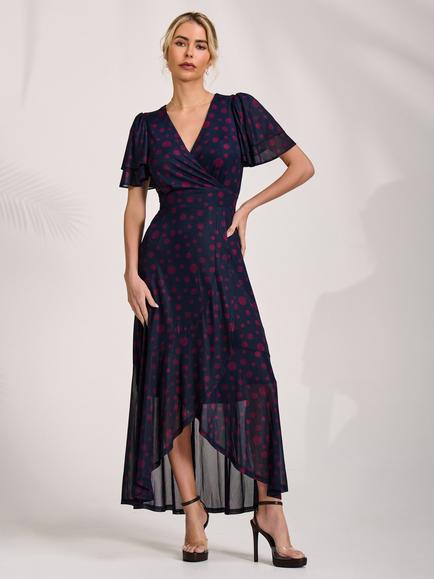 Jolie Moi Mesh Frill Maxi Dress, Navy Spot, Navy Spot