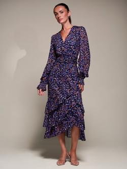 Jolie Moi Mesh Frill Sleeve Ruffle Dress, Navy Floral, Navy Floral