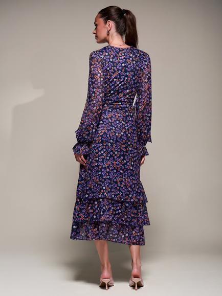 Jolie Moi Mesh Frill Sleeve Ruffle Dress, Navy Floral - view 2, Navy Floral