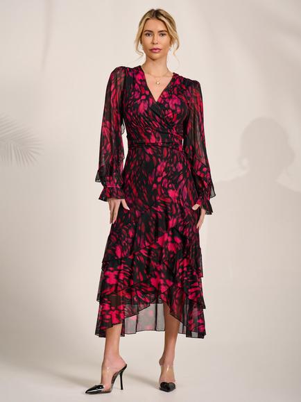 Jolie Moi Mesh Frill Sleeve Ruffle Dress, Red Abstract, Red Abstract