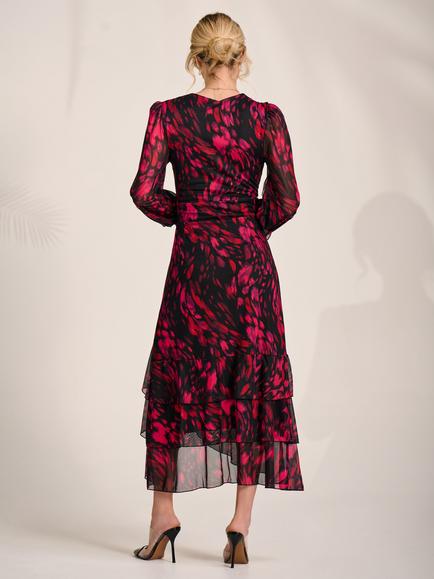 Jolie Moi Mesh Frill Sleeve Ruffle Dress, Red Abstract - view 2, Red Abstract