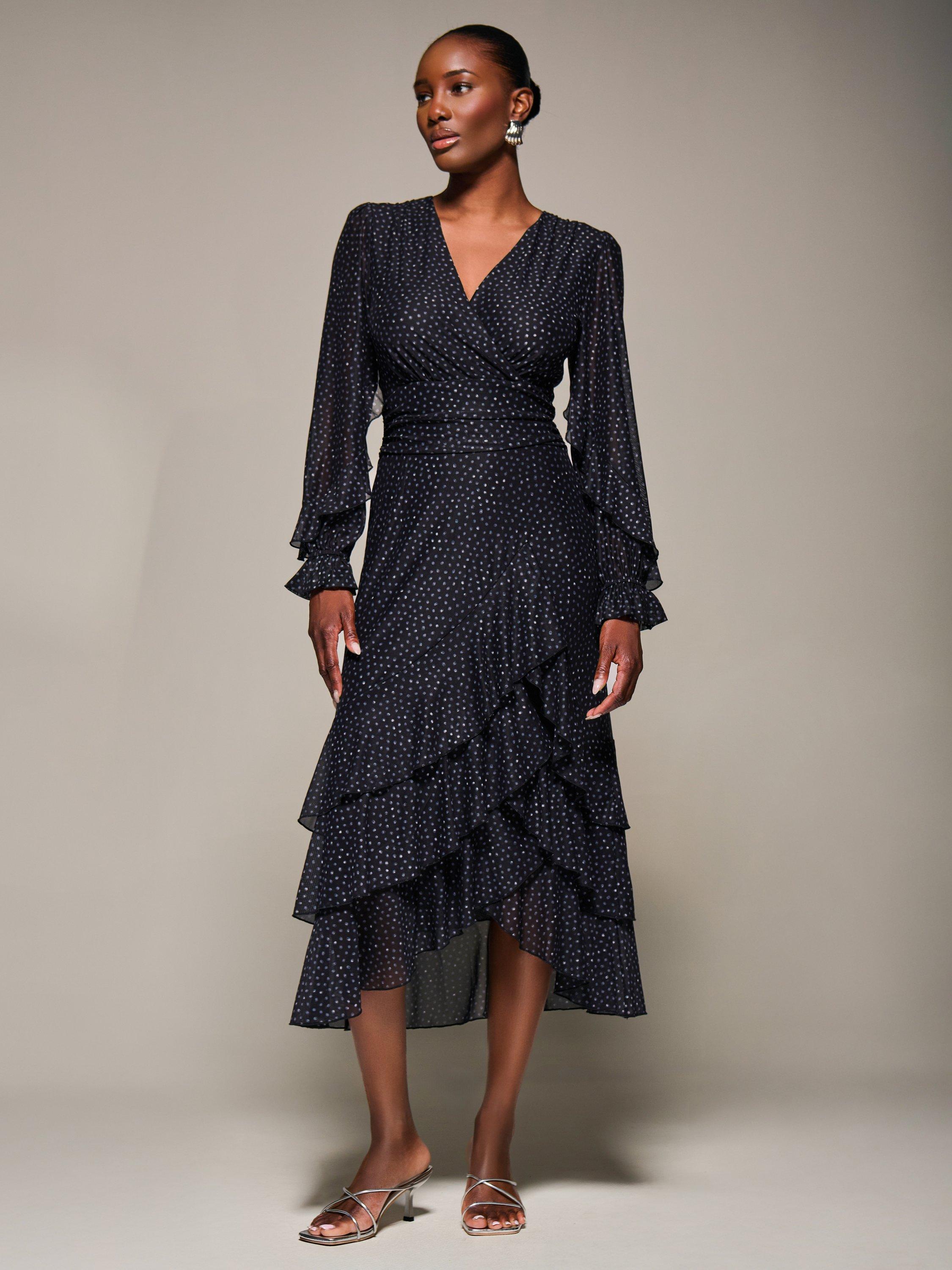 Jolie Moi Mesh Frill Sleeve Ruffle Dress, Black Spot