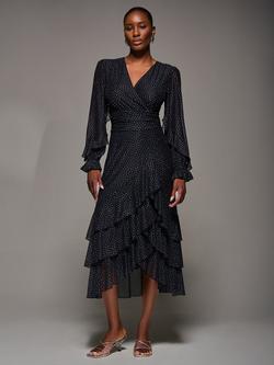 Jolie Moi Mesh Frill Sleeve Ruffle Dress, Black Spot, Black Spot