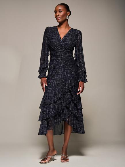 Jolie Moi Mesh Frill Sleeve Ruffle Dress, Black Spot, Black Spot