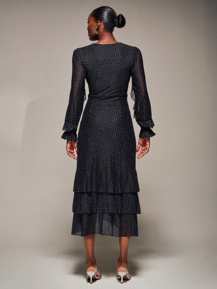 Jolie Moi Mesh Frill Sleeve Ruffle Dress, Black Spot - view 2, Black Spot