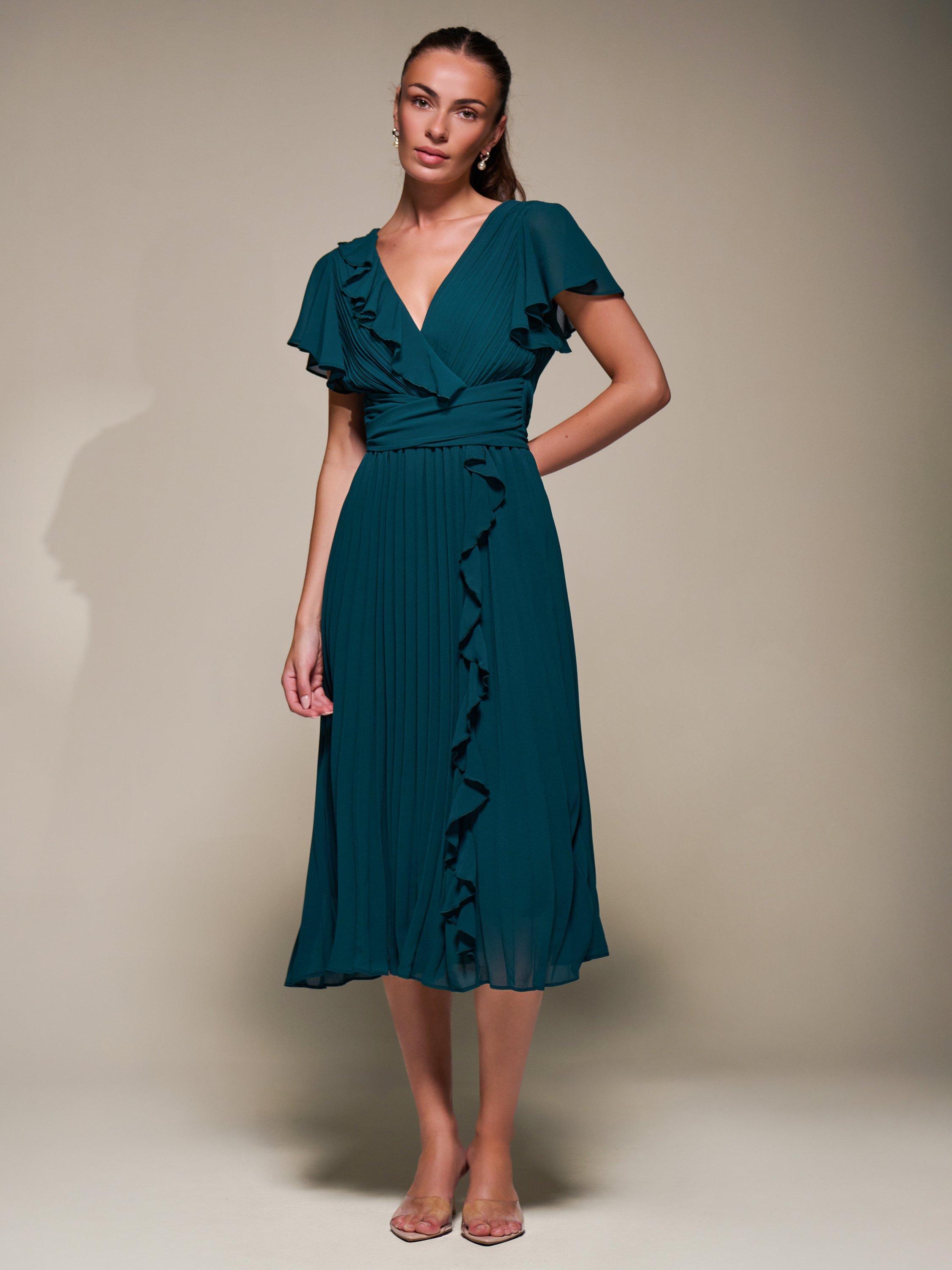 knee length dresses for ladies Maya Dark Sage Green Floral Motif Short Sleeve Midi Dress  Maya Deluxe