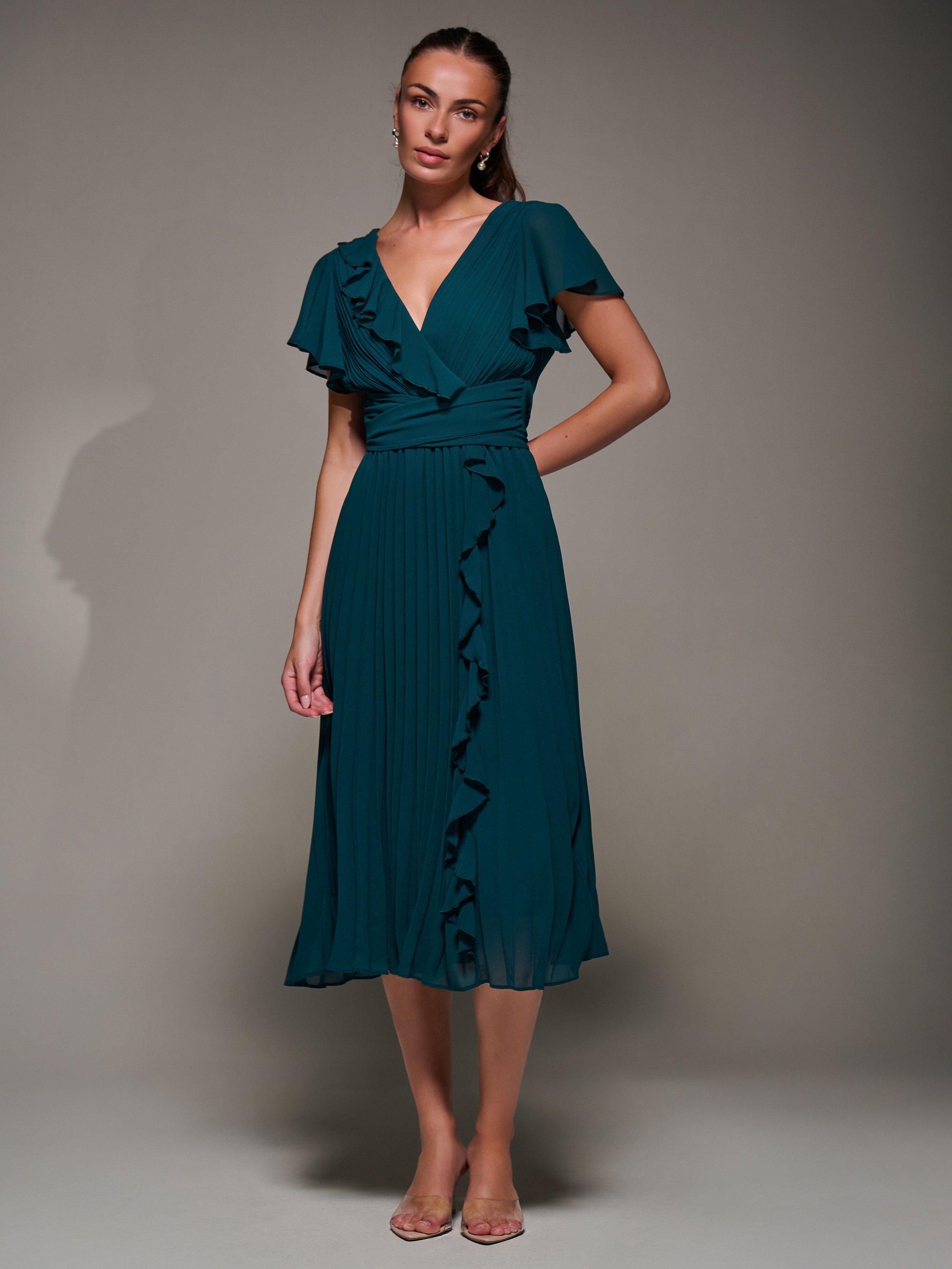 Jolie Moi Chiffon Pleated Ruffle Midi Dress, Dark Green