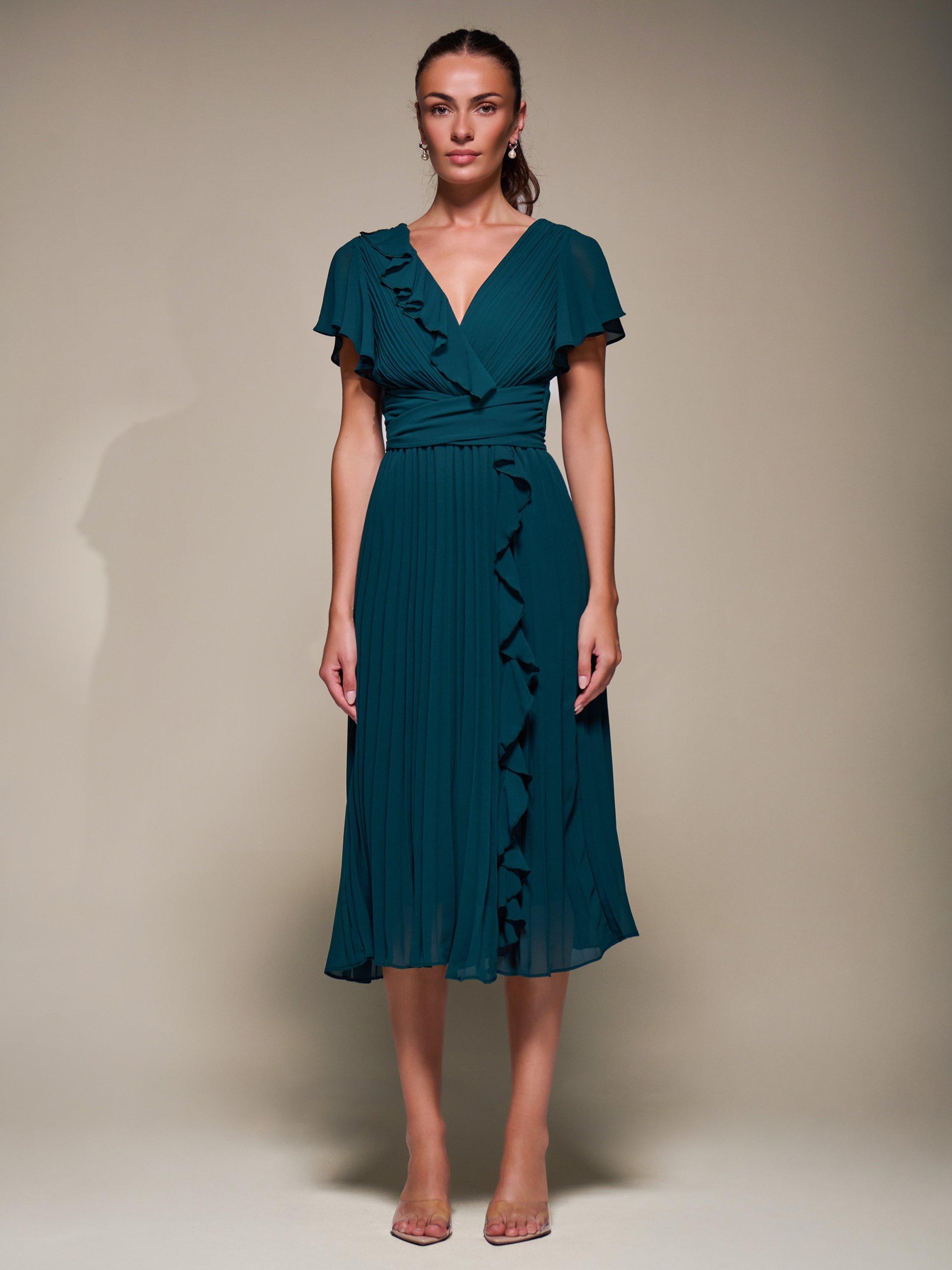 Jolie Moi Chiffon Pleated Ruffle Midi Dress, Dark Green