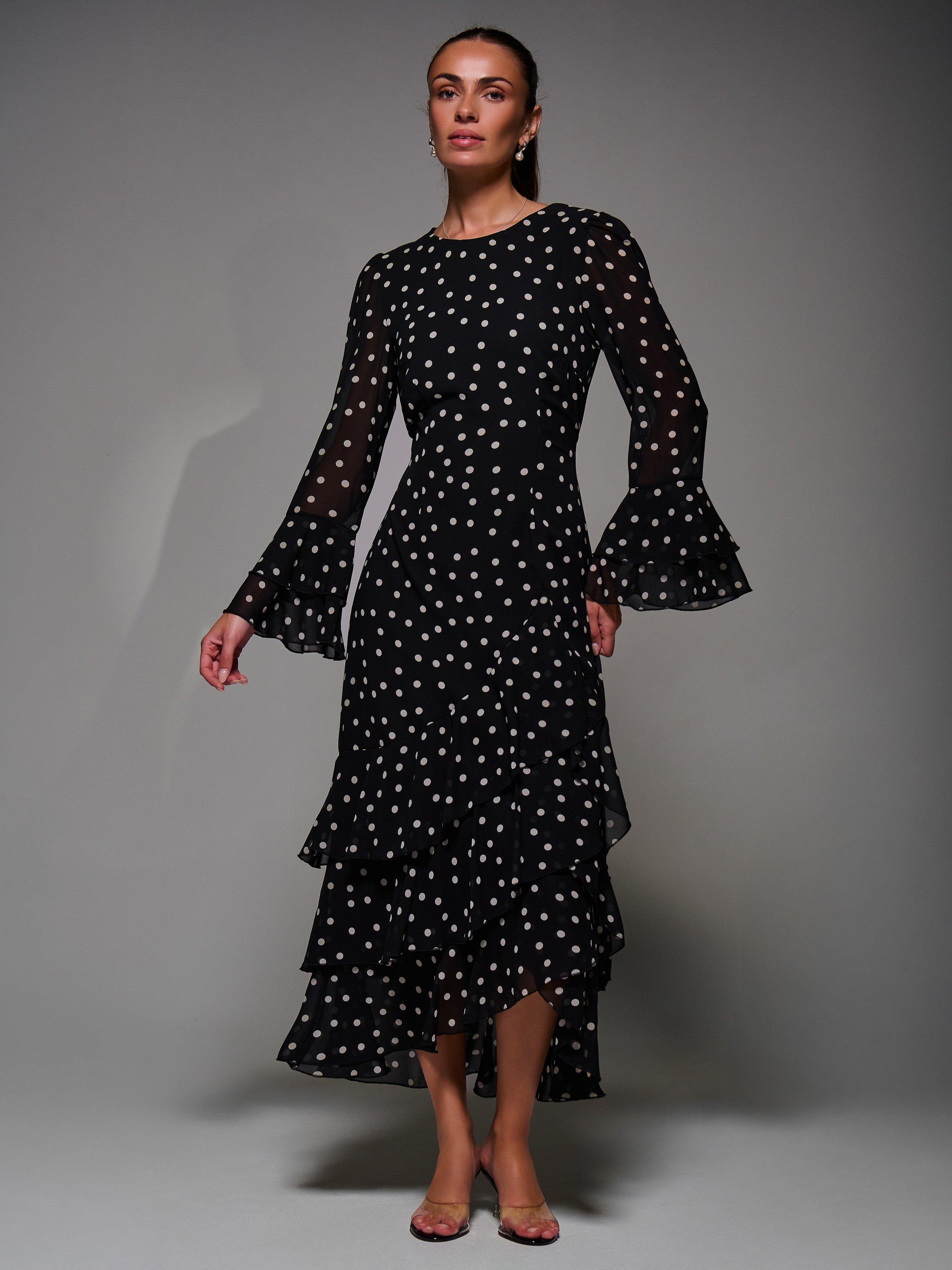 Jolie Moi Polka Dot Ruffled Chiffon Dress, Black Spot
