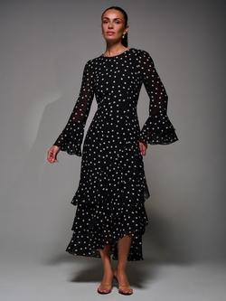 Jolie Moi Polka Dot Ruffled Chiffon Dress, Black Spot, Black Spot
