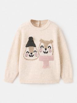 Mango Kids' Knitted Crew Neck Squirrel Jumper, Light Beige, Light Beige