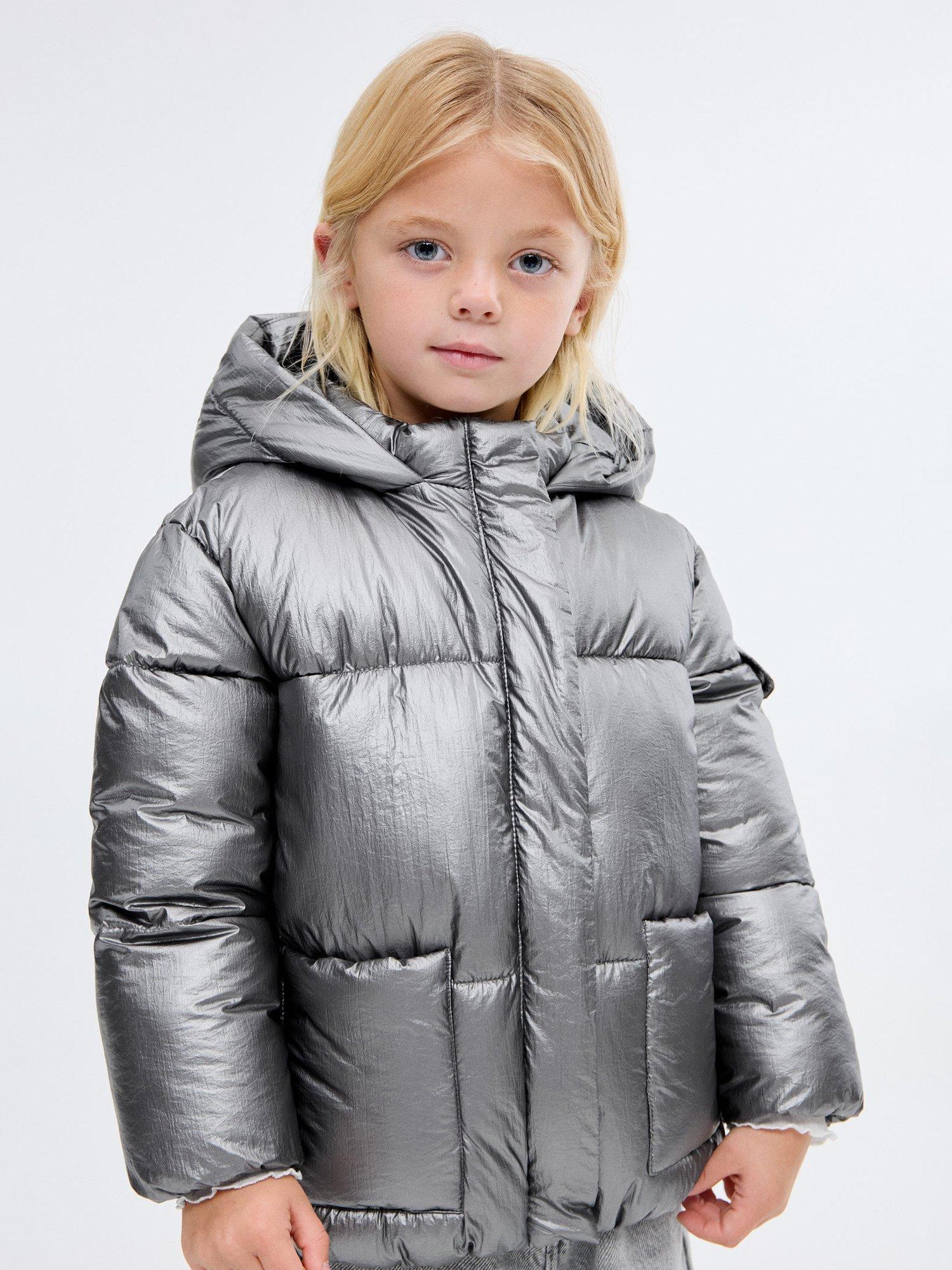 Product image 1 of 7, which shows Mango Kids' Plati Metallic Quilted Jacket, Silver, 12-18 months