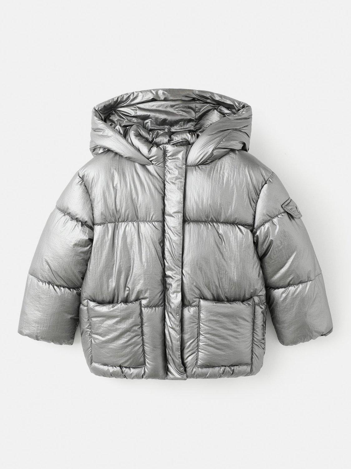 Product image 3 of 7, which shows Mango Kids' Plati Metallic Quilted Jacket, Silver, 12-18 months