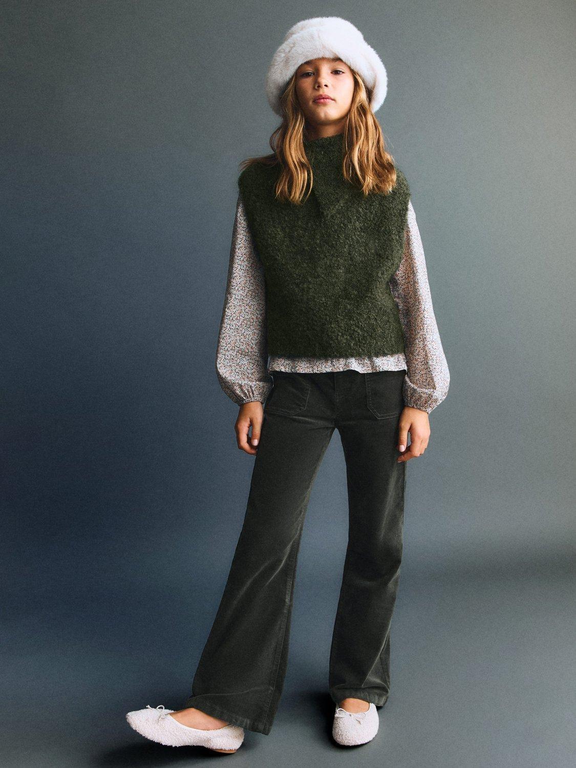 Product image 1 of 5, which shows Mango Kids' Velve Cotton Flared Trousers, Beige/Khaki, 10 years