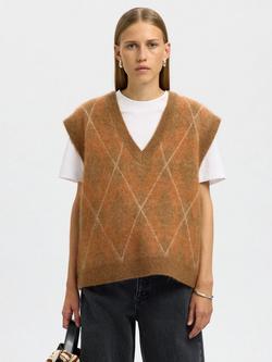 Selected Lulu Argyle Wool Rich Tank Top, Orange, Orange