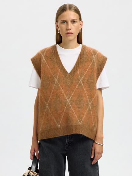 Selected Lulu Oversized Argyle Wool Rich Tank Top, Orange, Orange
