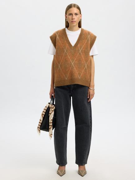 Selected Lulu Oversized Argyle Wool Rich Tank Top, Orange - view 2, Orange