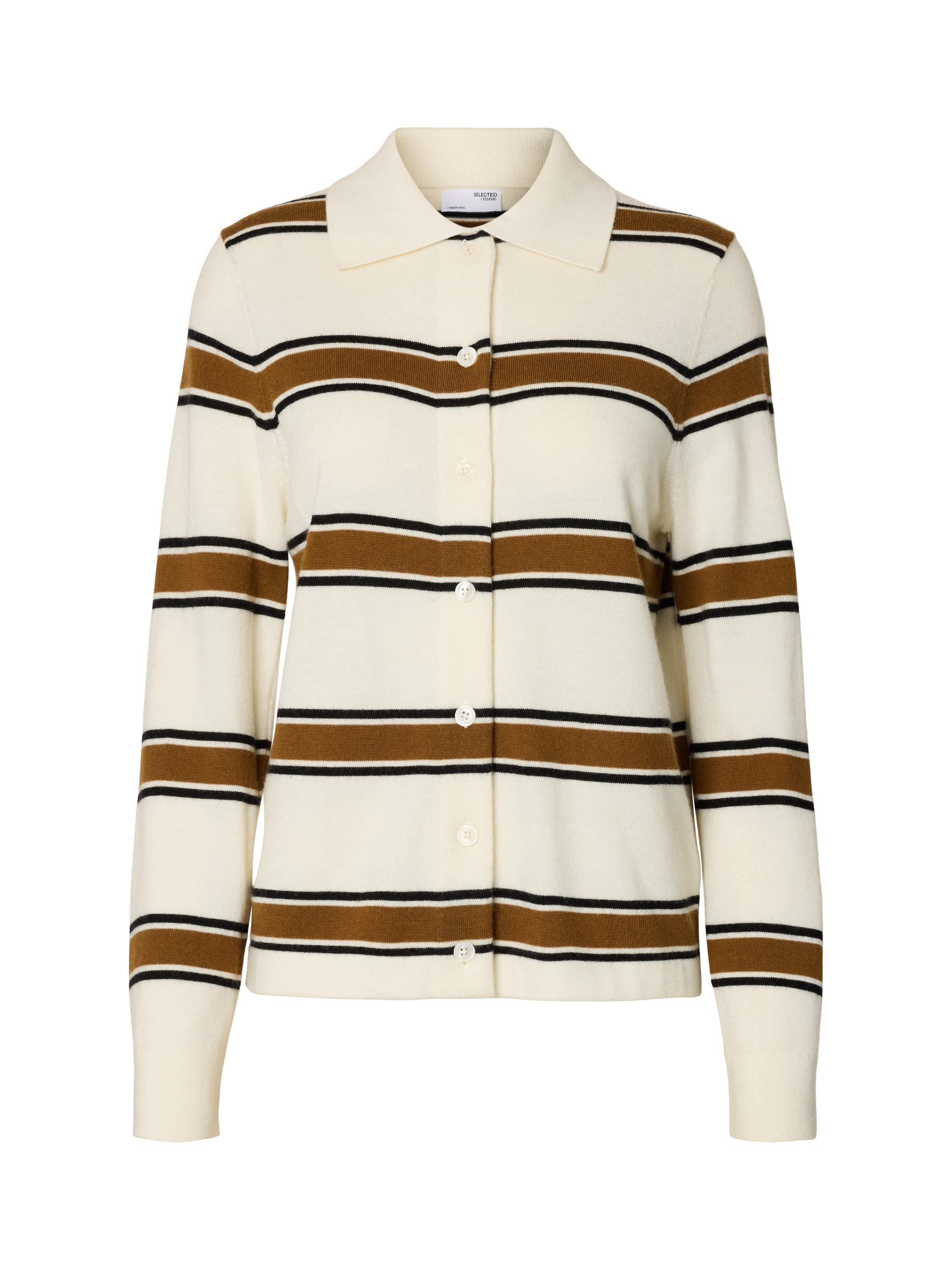 Product image 6 of 6, which shows Selected Thea Stripe Pure Wool Top, Cream/Brown, XS