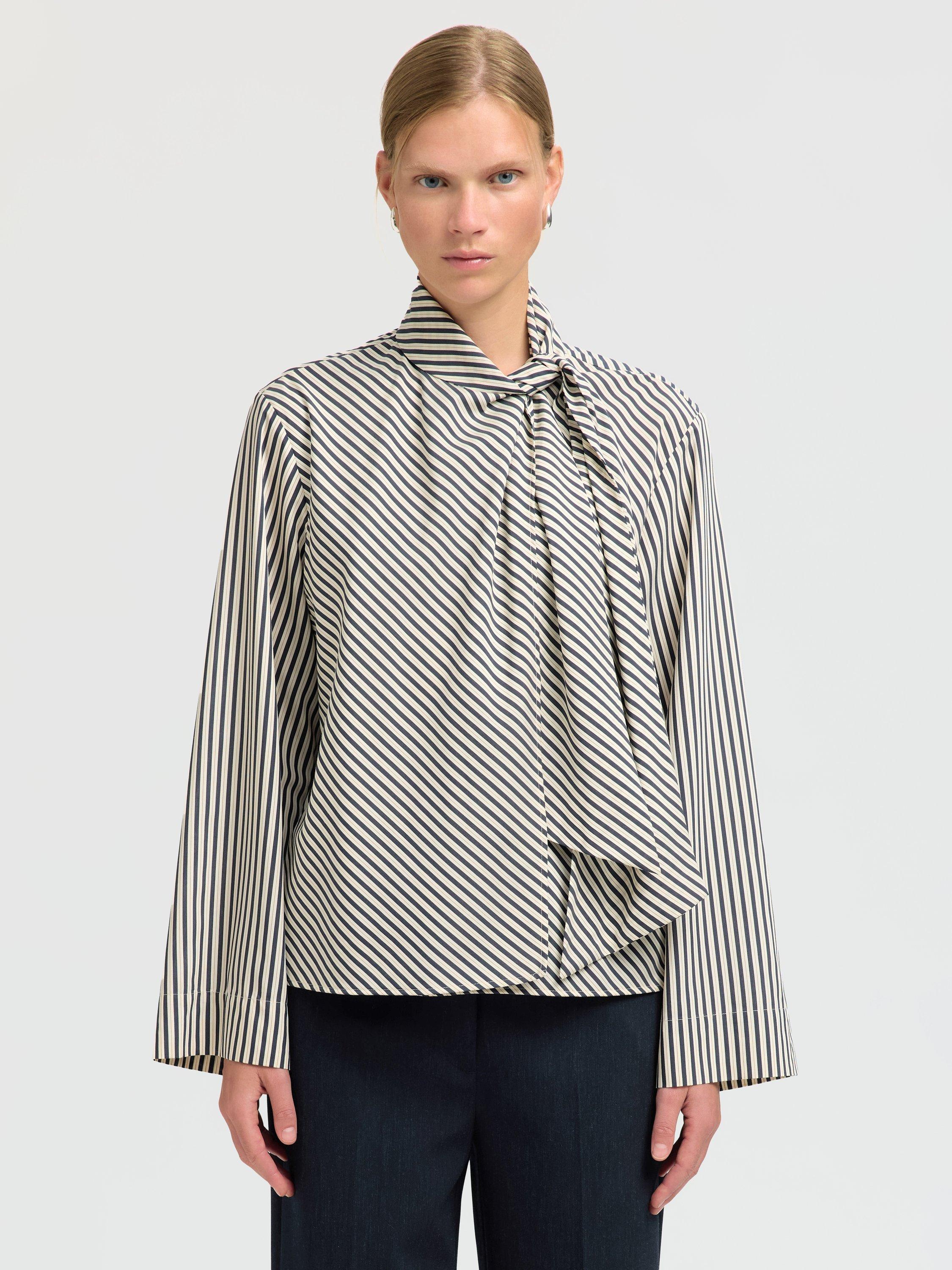 Product image 1 of 7, which shows Selected Charlotte Stripe Scarf Detail Top, White/Grey, 34