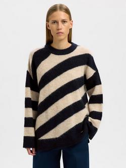 Selected Almina Stripe Wool Rich Jumper, Cream/Navy, Cream/Navy