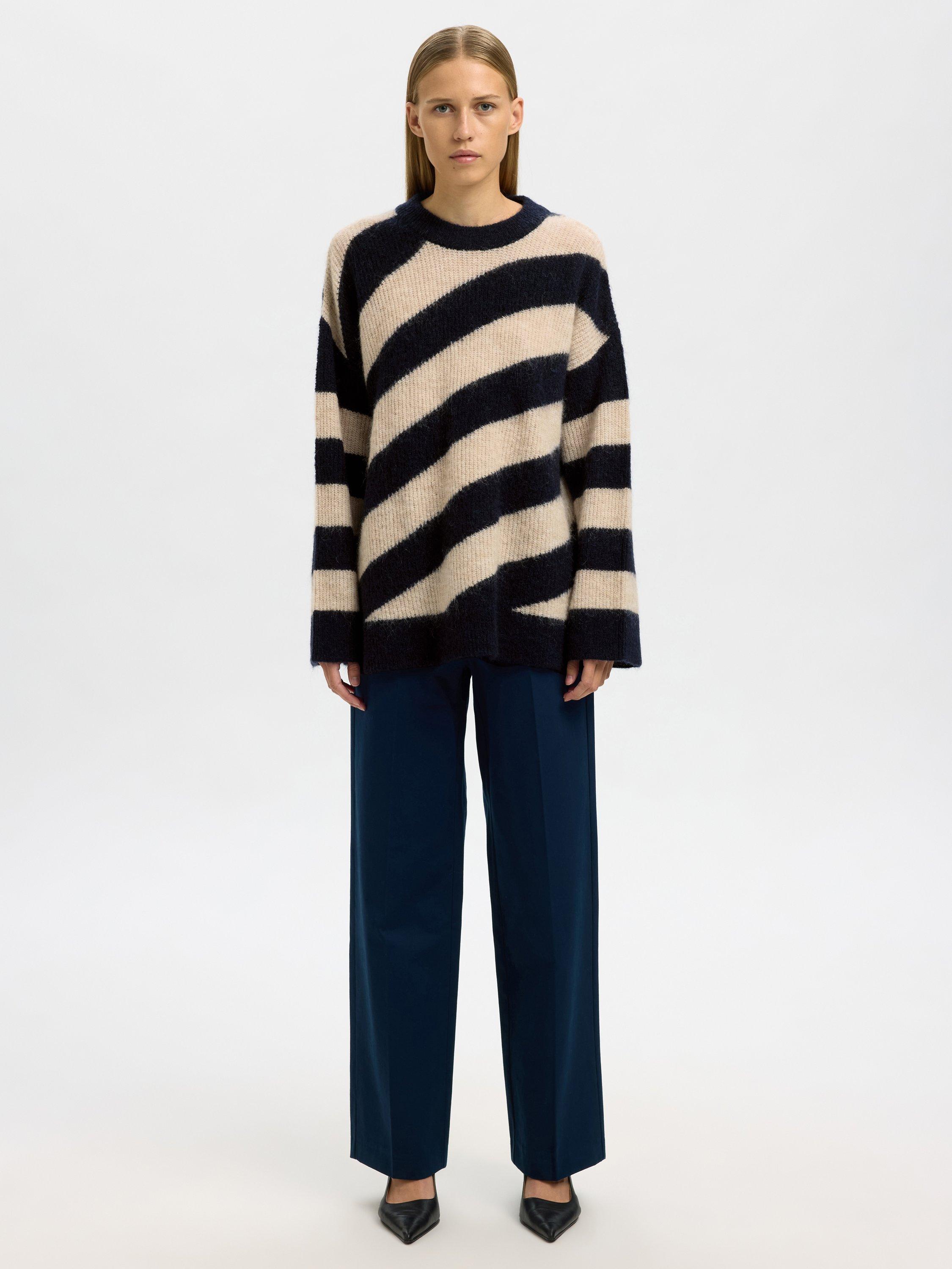 Product image 2 of 6, which shows Selected Almina Stripe Wool Rich Jumper, Cream/Navy, XS