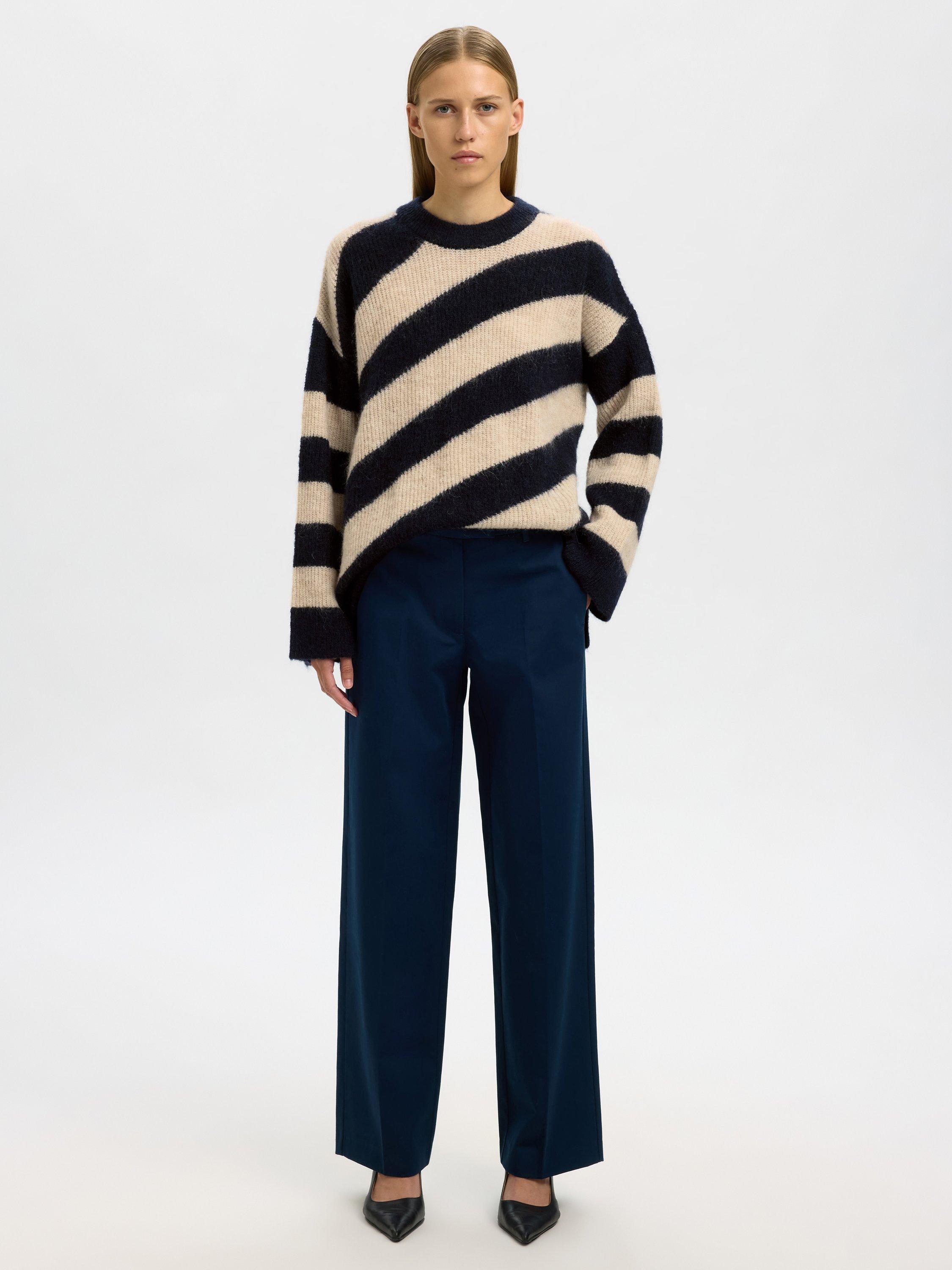 Product image 3 of 6, which shows Selected Almina Stripe Wool Rich Jumper, Cream/Navy, XS