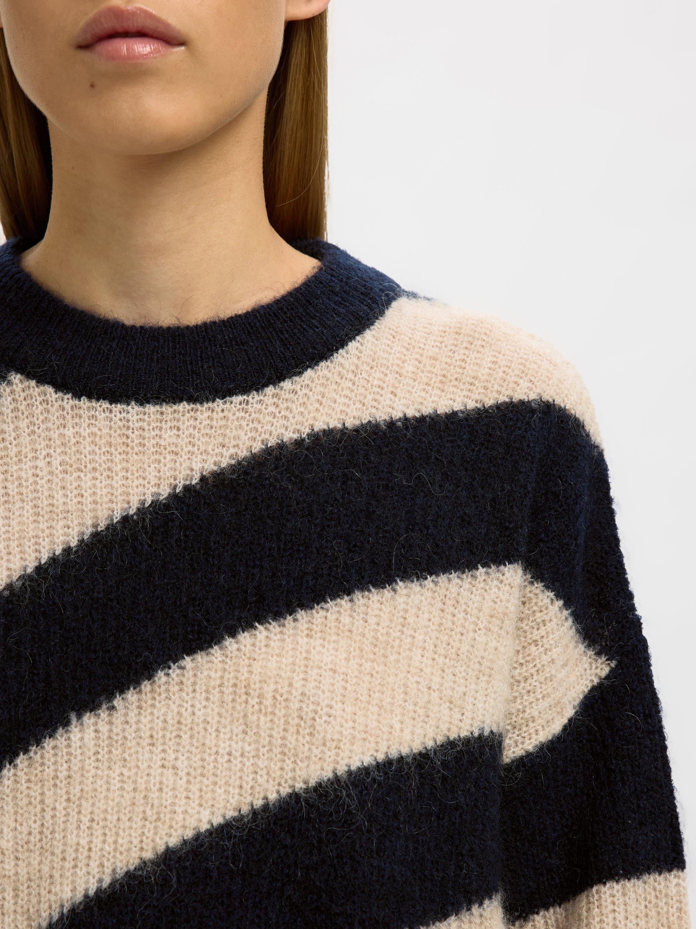 Product image 4 of 6, which shows Selected Almina Stripe Wool Rich Jumper, Cream/Navy, XS