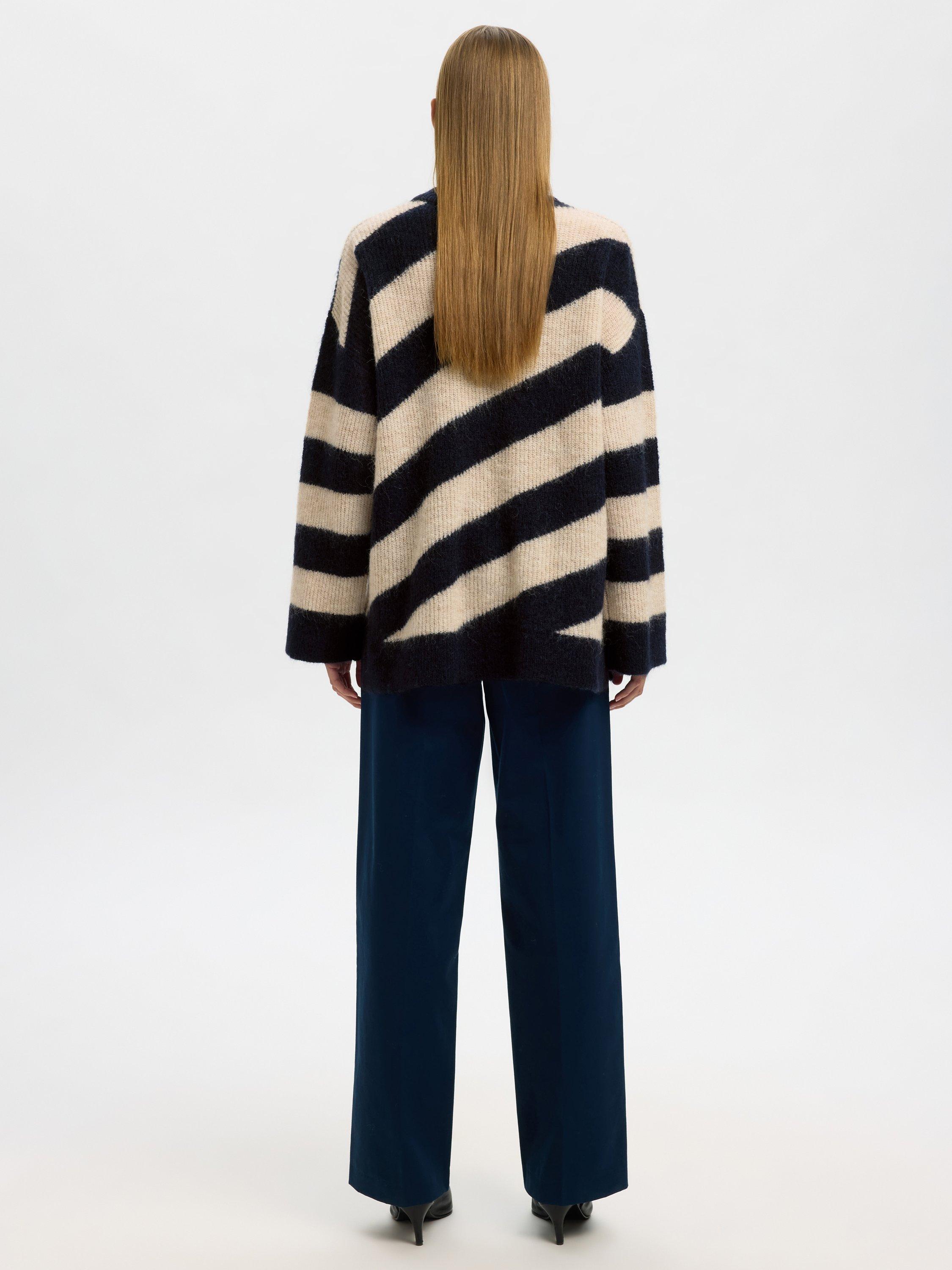 Product image 5 of 6, which shows Selected Almina Stripe Wool Rich Jumper, Cream/Navy, XS