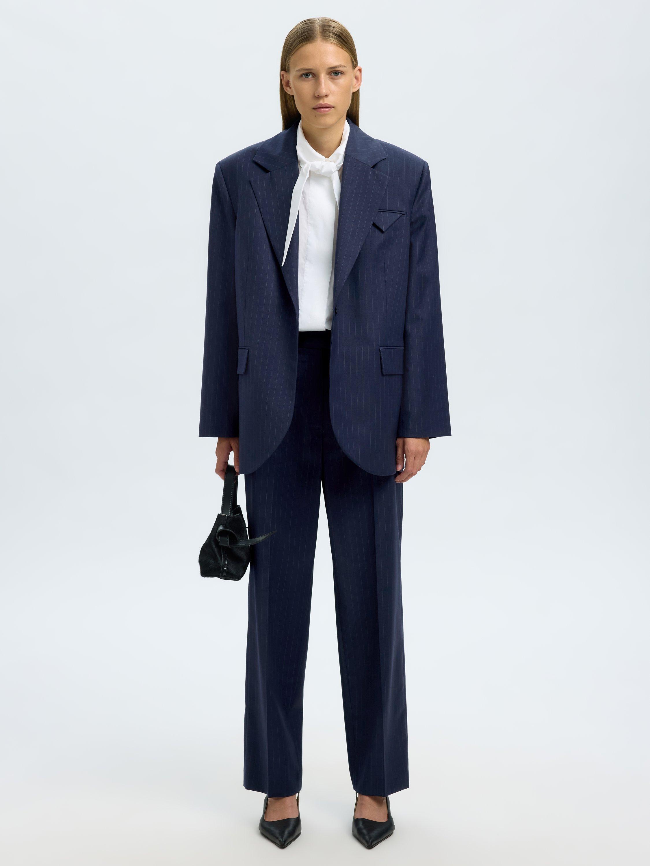 Product image 5 of 6, which shows Selected Pinstripe Tailored Trousers, Navy, 34