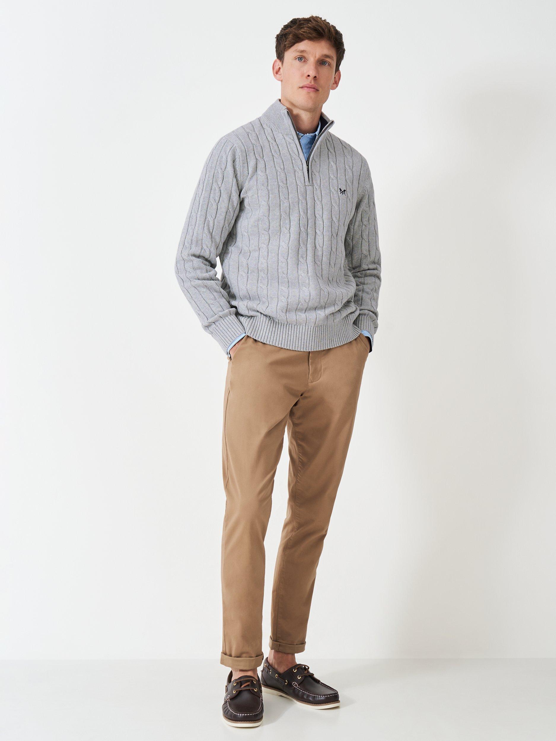 Product image 1 of 5, which shows Crew Clothing Cotton Cable Knit Zip-Neck Jumper, Mid Grey, L