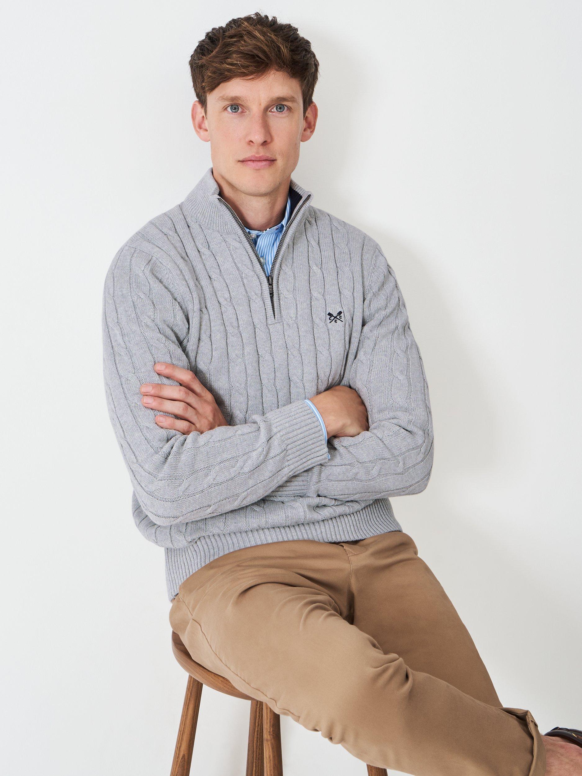 Product image 3 of 5, which shows Crew Clothing Cotton Cable Knit Zip-Neck Jumper, Mid Grey, L