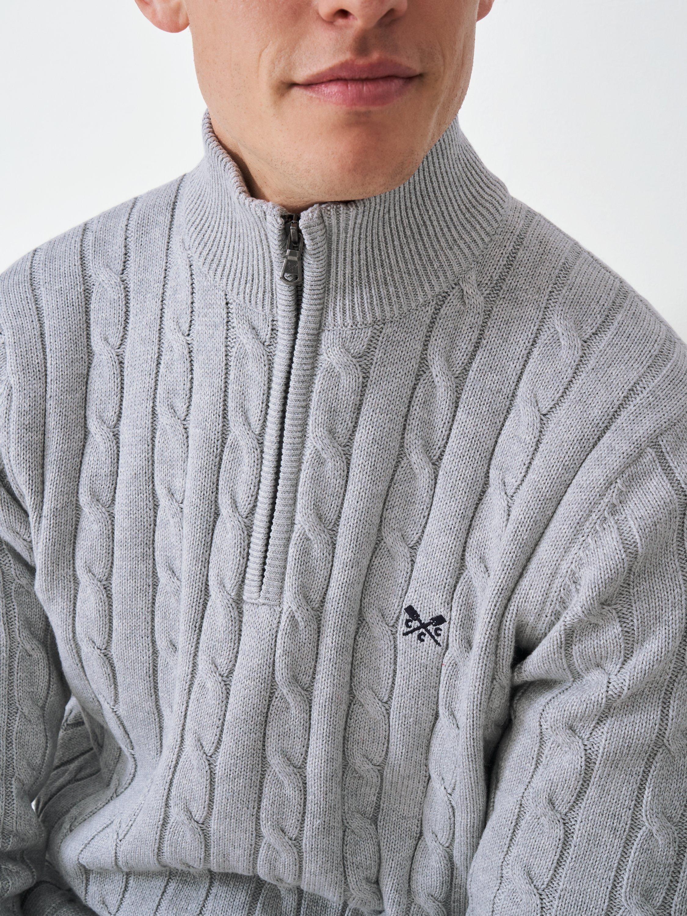 Product image 4 of 5, which shows Crew Clothing Cotton Cable Knit Zip-Neck Jumper, Mid Grey, L