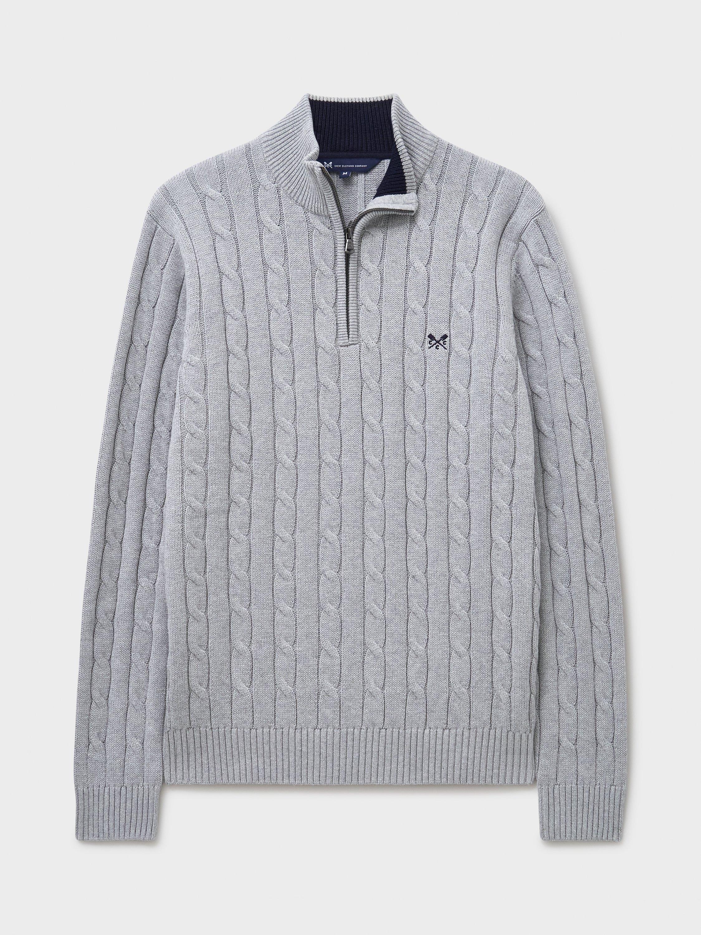 Product image 5 of 5, which shows Crew Clothing Cotton Cable Knit Zip-Neck Jumper, Mid Grey, L
