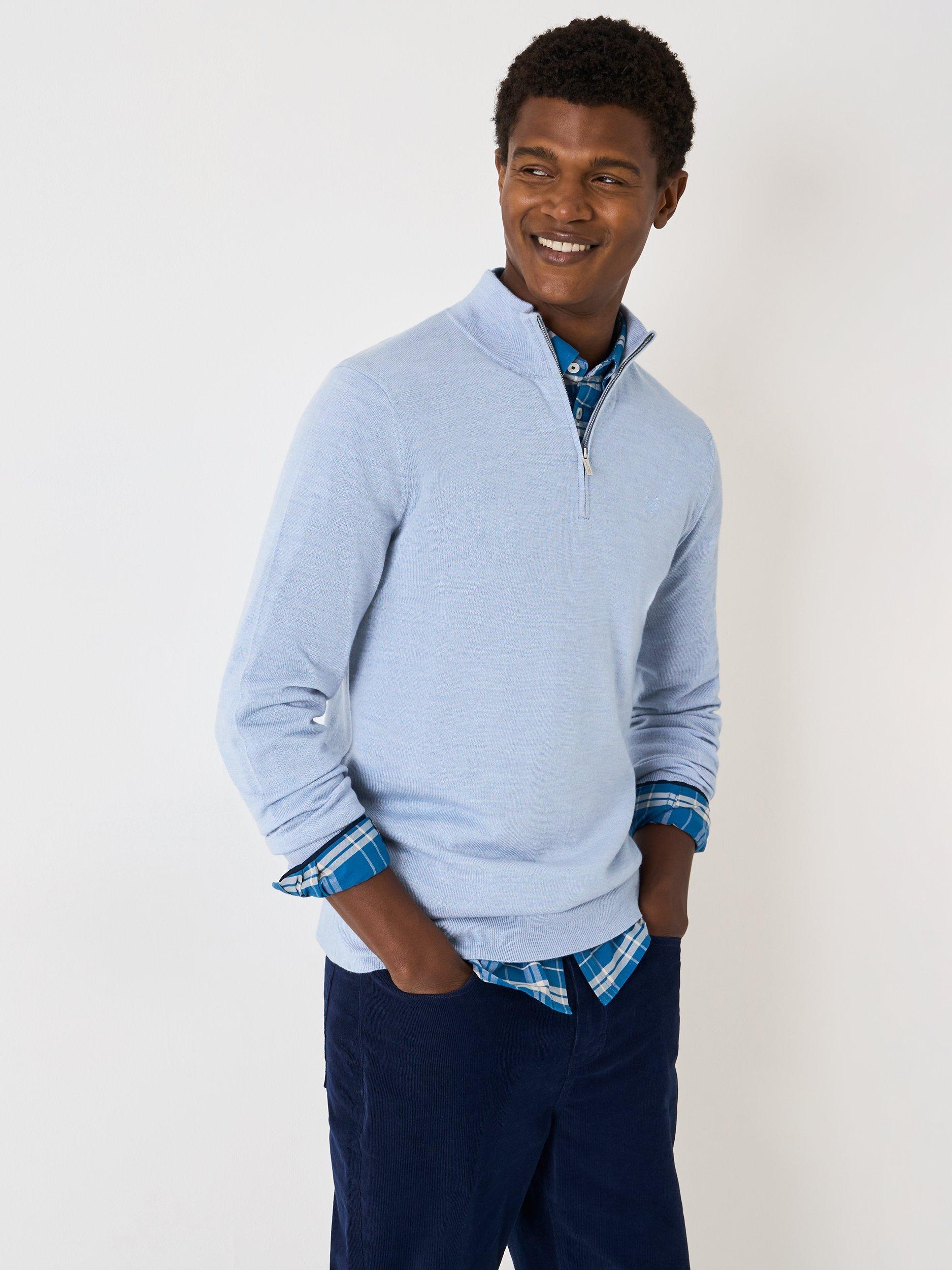 Product image 1 of 5, which shows Crew Clothing Merino Wool Half Zip Jumper, Light Blue, L