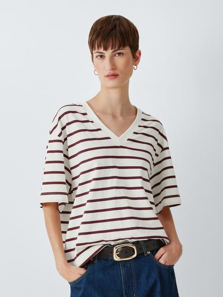 John Lewis Oversized Organic Cotton Striped V-Neck T-Shirt, Off White/Burgundy, Off White/Burgundy
