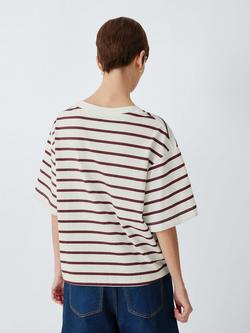 John Lewis Oversized Organic Cotton Striped V-Neck T-Shirt, Burgundy - view 2, Burgundy