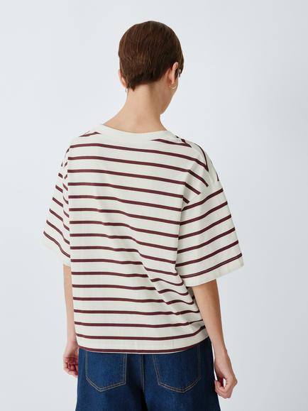 John Lewis Oversized Organic Cotton Striped V-Neck T-Shirt, Off White/Burgundy - view 2, Off White/Burgundy