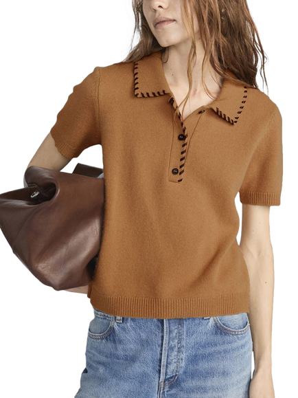 FRAME Leather Stitch Polo Shirt, Brown, Brown