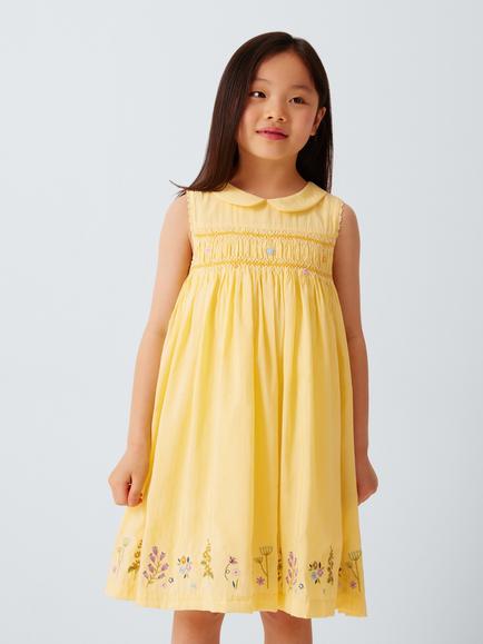 John Lewis Heirloom Collection Kids' Dobby Smock Dress, Yellow, Yellow