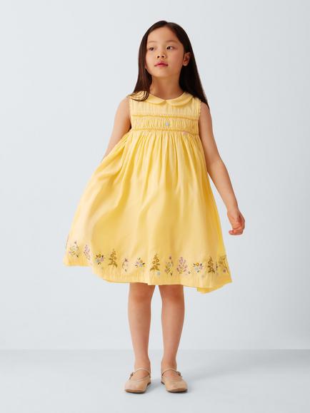 John Lewis Heirloom Collection Kids' Dobby Smock Dress, Yellow - view 2, Yellow
