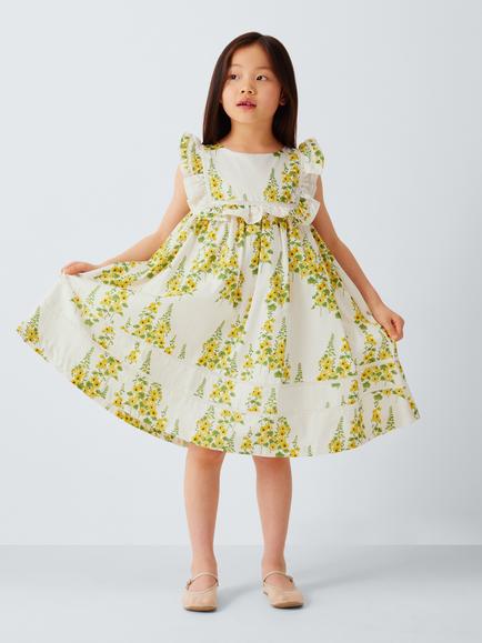 John Lewis Heirloom Collection Kids' Floral Ruffle Trim Dress, Yellow, Yellow