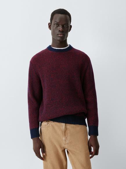John Lewis Plated Waffle Knit Crew Neck Jumper, Red/Navy