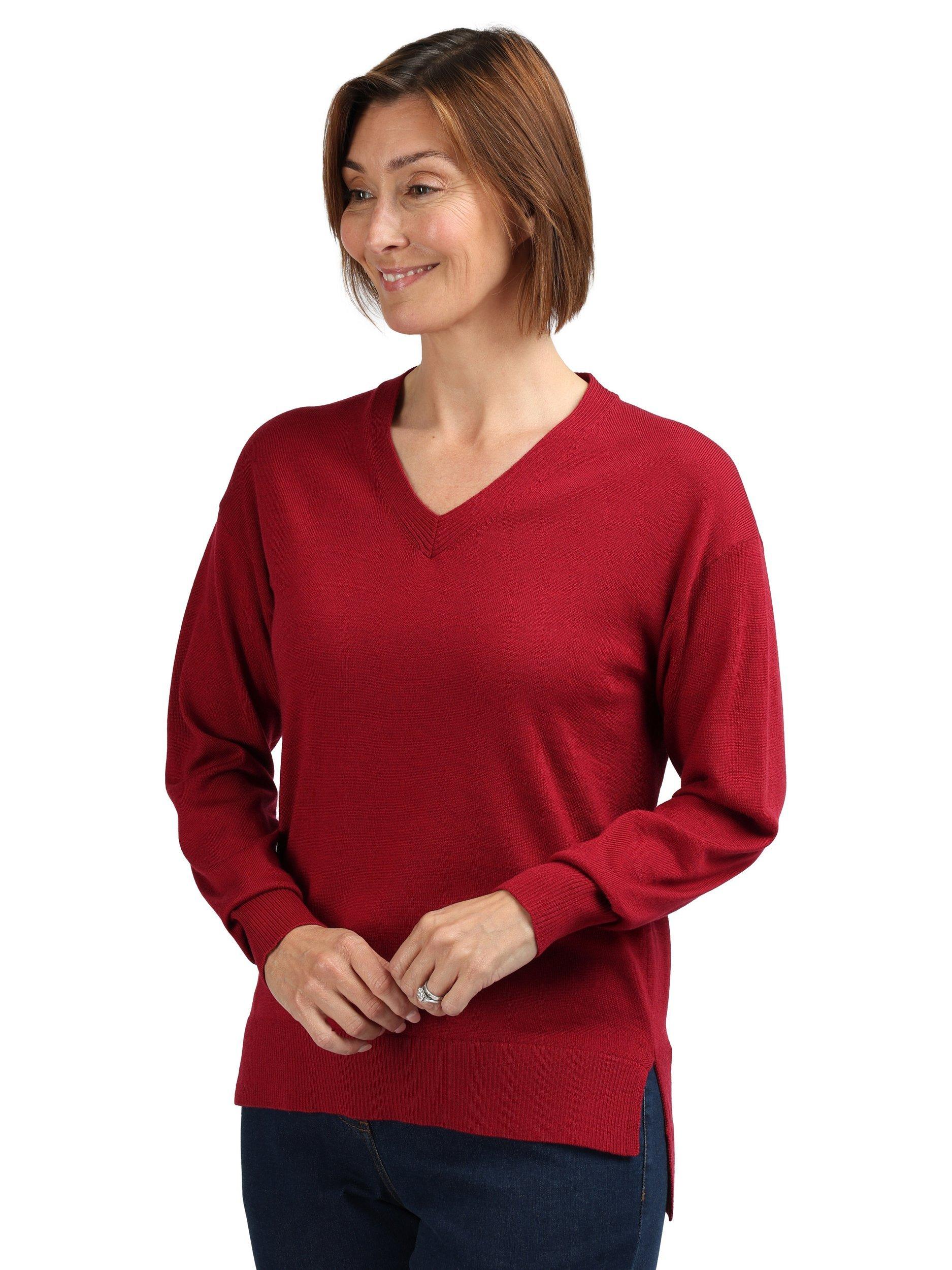 Product image 1 of 6, which shows Rohan Women's Merino Wool V-Neck Jumper, Garnet Red, 8