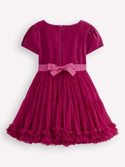 Mini Boden Kids' Short Sleeved Tulle Ruffle Dress, Cherry Jam - view 2, Cherry Jam